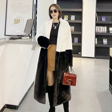 

New Two Tone Korean Style Loose Faux Mink Fur Overcoat Outwear Midi Long Blue Duffle Coat Woolly Tailored Collar Women's Coat