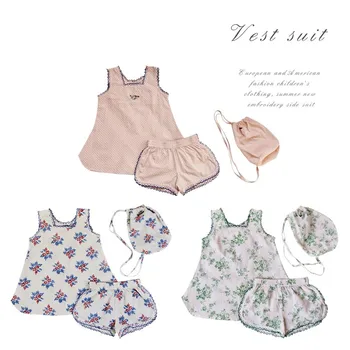 

Pre-sale Ins Girl Suit 2020 Summer New Bonj Same Girl Sweet Retro Embroidery Lace Vest Shirt Shorts Suit