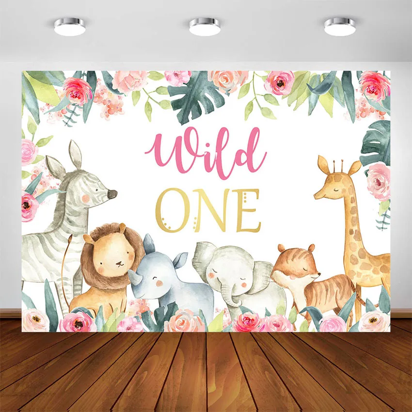 

Wild One Safari Birthday Backdrop Girls 1st Birthday Wild Animals Tropical Flower Pink Gold Birthday Party Decoration Background