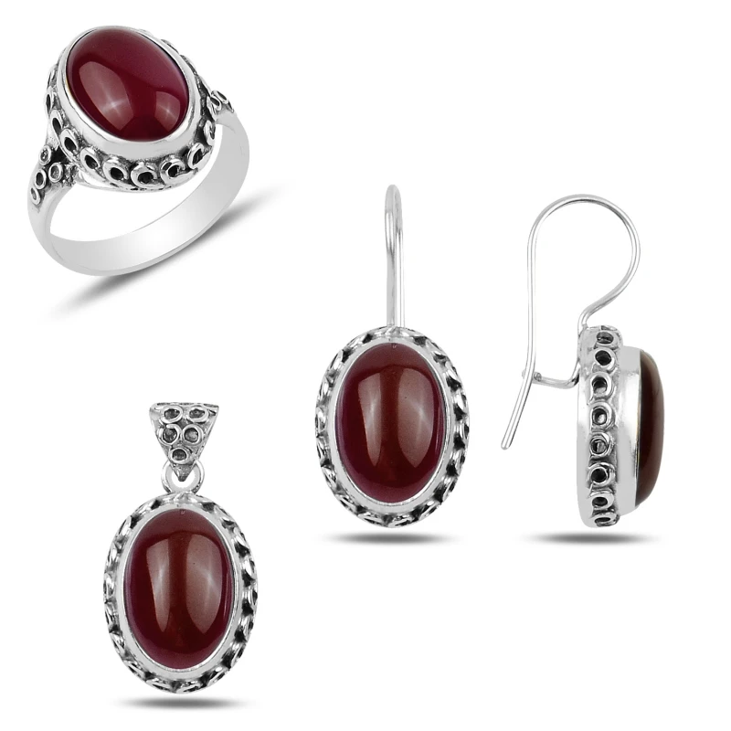 

Silver 925 Sterling Red Agate Stone Handwork Set