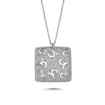 

Angemiel 925 Silver Openwork Pattern Zircon Cubic Zirconia Square Ghost Pendant-Rhodium Plated