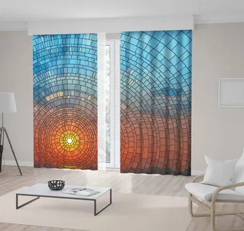 

Curtain Stained Glass Window with Seaside Beach Sunset Sky with Clouds Mosaic Yellow Orange Blue Artwork Print