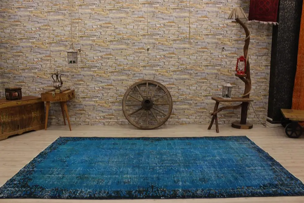 Синий перекрашенный турецкий винтажный ковер, ковер ручной работы винтажный килим шерстяной ковер
