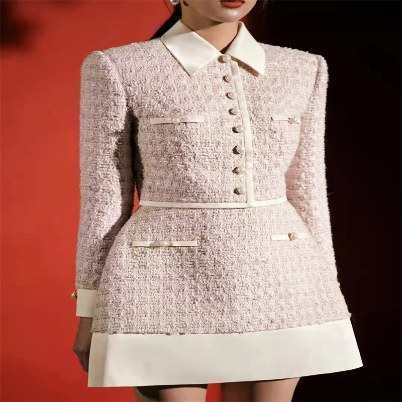LOBBSTER2022 early spring new small fragrance light luxury simple pink tweed top skirt suit |