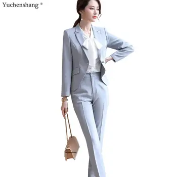 

Professional pants suit women pale blue jacket and pant two piece sets 2019 new arrival women blazer suits