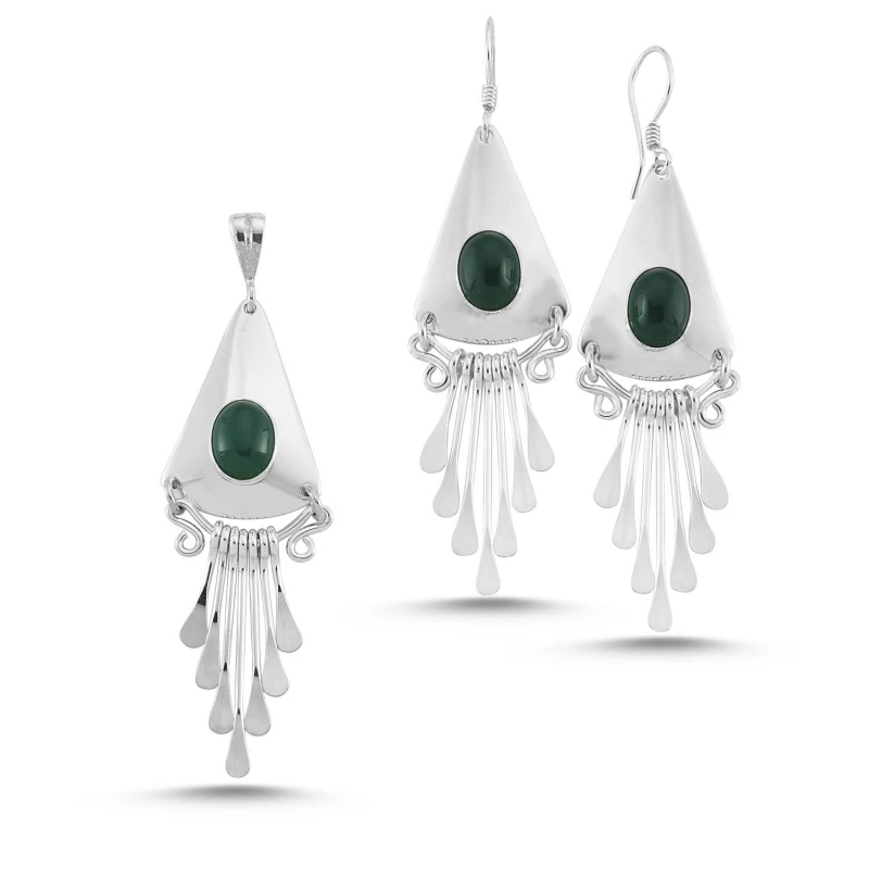 

Silver 925 Sterling Green Agate Stone Handwork Set