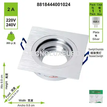 

Portalámpara Empotrable Aluminio Foco Cuadrado GU10, ángulo basculación 30º, aluminio, 220 V, color gris 1024