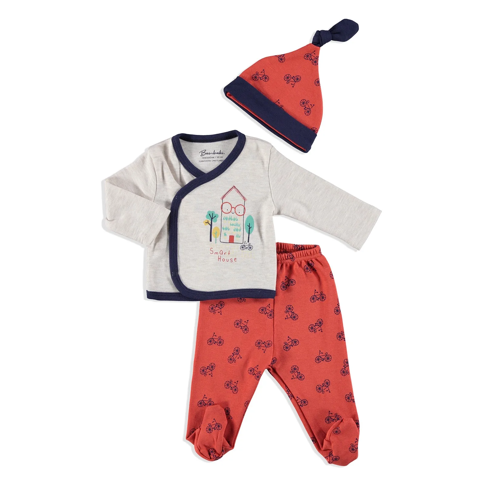 

ebebek Bambaki Smart Home Baby Boy Bodysuit Hat Footed Pants 3 Pcs Set