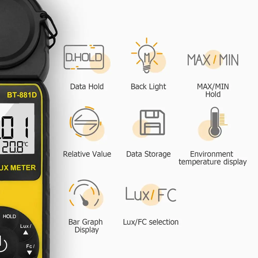 BTMETER цифровая освещенность светильник метр 0,1~ 400000 люкс, головка датчика вращается с Lux/FC, ручной измеритель температуры окружающей среды