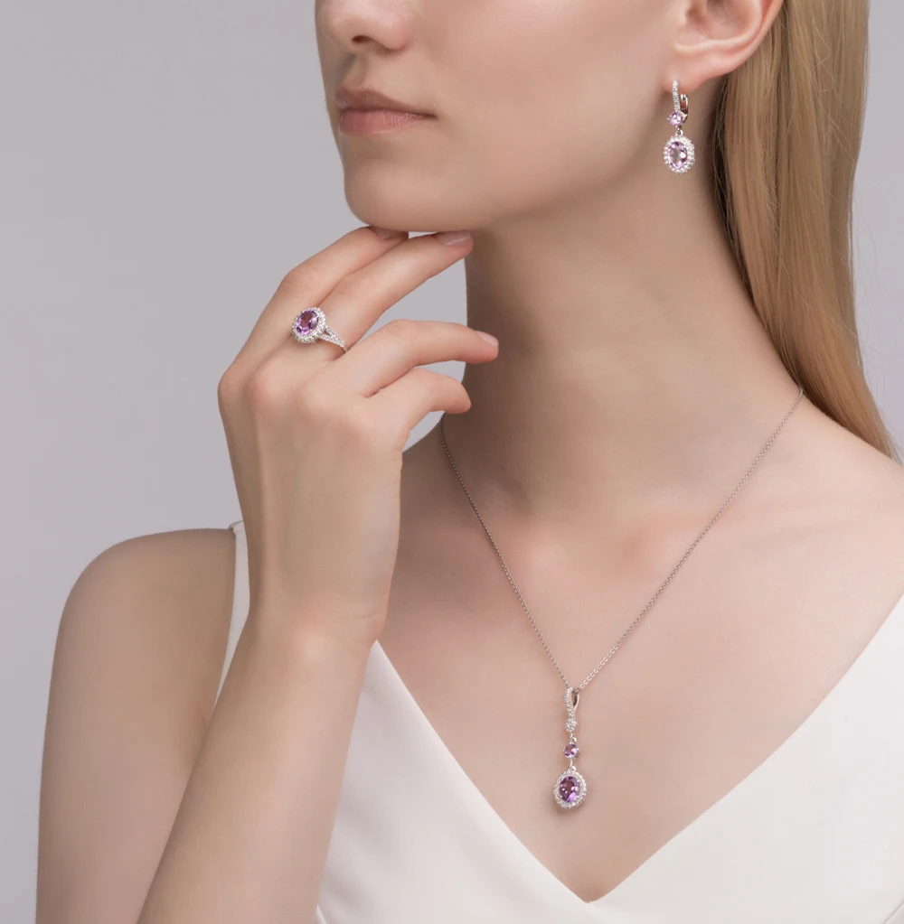 Серебряное кольцо с аметистом и фианитами SUNLIGHT проба 925