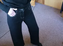 Vaqueros Mujer-Encuentro de estilo coreano limpiando pantalones Denim Vintage negro sólido alto cintura otoño Baggy Chic Ulzzang calle Casual