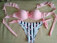 Bandeau Swimsuit Bikini-Set Lace Push-Up Ruffle High-Cut Women Female Striped F72 Bra-Cup