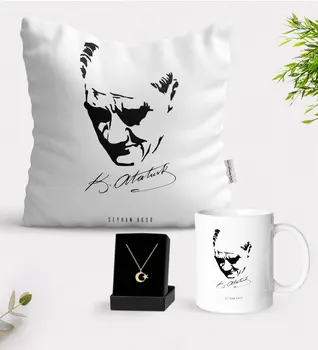

Personalized Ataturk Themed Mug Pillow Moon Stars Pendant Gift Seti-25