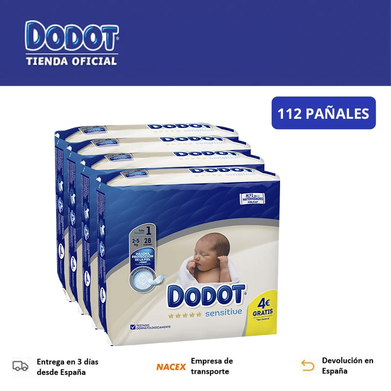 Dodot Sensitive, Tallas 1 y 2, De 112 a 136 Unidades, Pañales Desechables Para Bebé, Máxima Suavidad Para El Recién Nacido