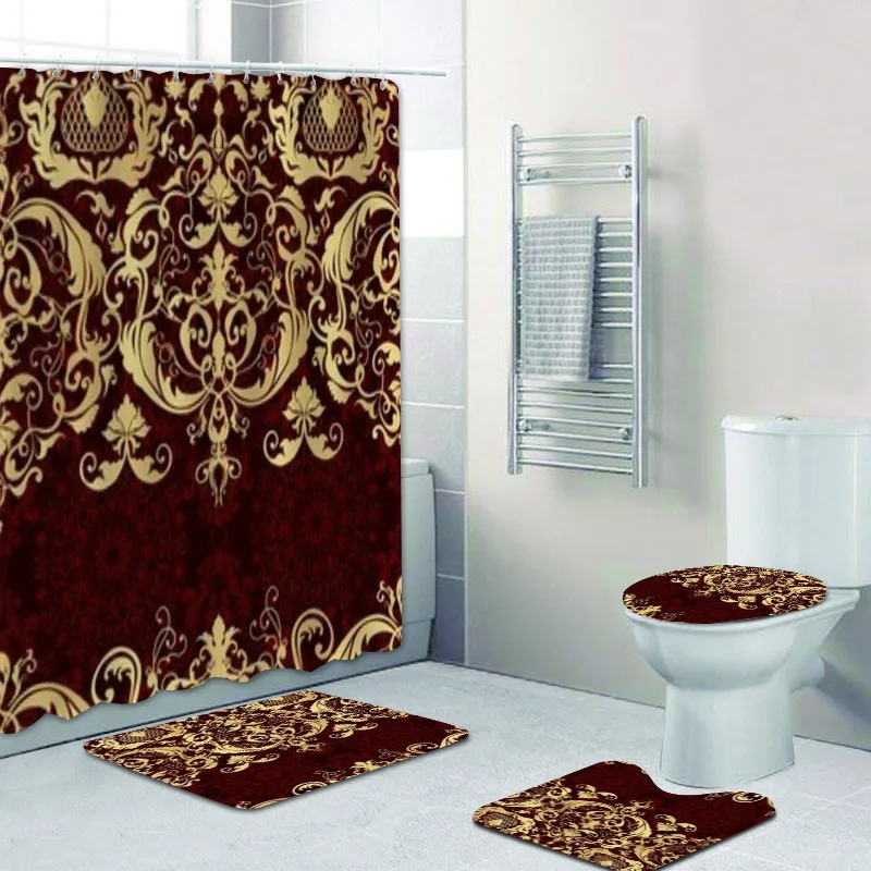 Luxury Burgundy Red Gold Baroque Victorian Style Bathroom Curtains Shower Curtain Set Elegant Damask Floral Bath Mats Rugs Decor