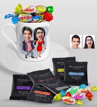 

Personalized Valentine Caricature Of Turkish Coffee Cup Selamlique Mixed Turkish Coffee house And Haribo Candy Gift set-4