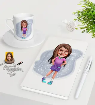 

Personalized Female Child Caricature Of White Notebook Pen Turkish Coffee Cup Seti-3
