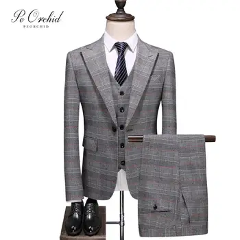 

PEORCHID Grey 3 Piece Tweed Suit Mens Dress Business Party Suits Pant Vest Blazers Slim Fit Grooms Wedding Dinner Suits