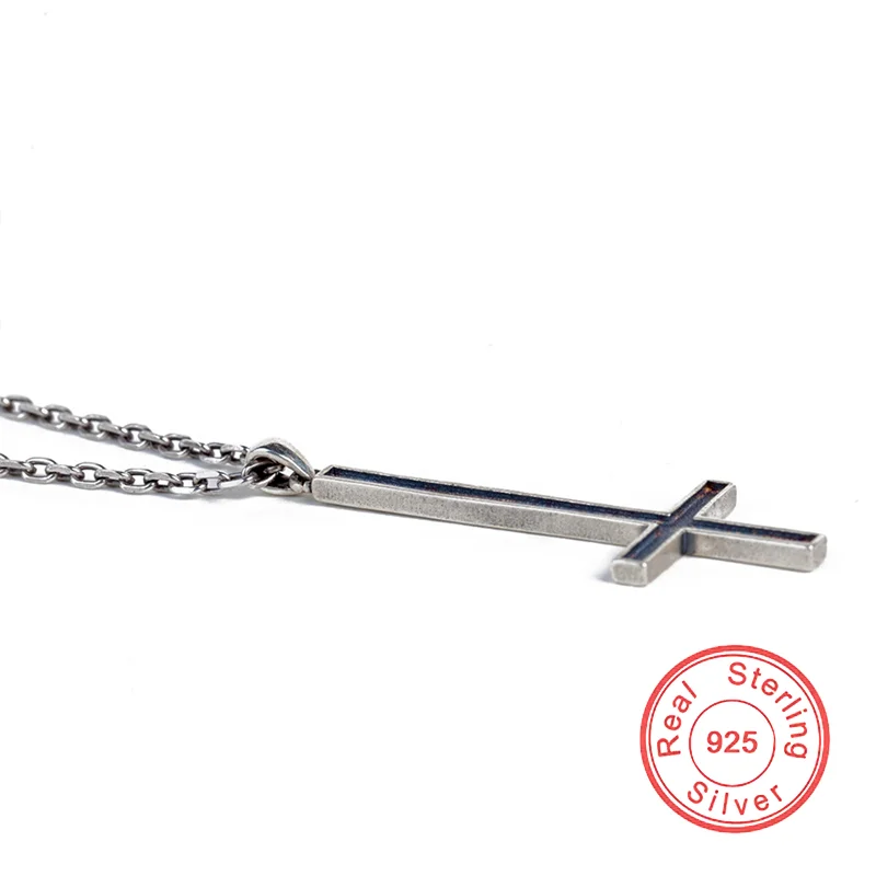 New 100% 925 Sterling Silver Cross Pendant Necklace For Men Women Vintage Gothic Satan Inverted Devil Simple Jewelry Gift Party