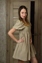 Ladies Dress Puff-Sleeve Square Collar Linen Khaki Vintage High-Waist Casual Summer Women