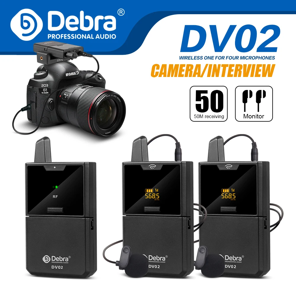 Debra-micrófono Lavalier inalámbrico para entrevista, DV, UHF, con Monitor de Audio, rango de 50M, para teléfonos, cámaras DSLR, grabación en vivo