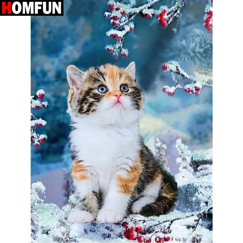 HOMFUN Diamond Painting Cross Stitch Cat Full Square Round Diy 5d Diamond Embroidery Picture Rhinestone Art diamond painting