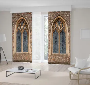 

Curtain Stained Glass Window and Stone Walls of Antique Architecture Printed Beige Color Decorative