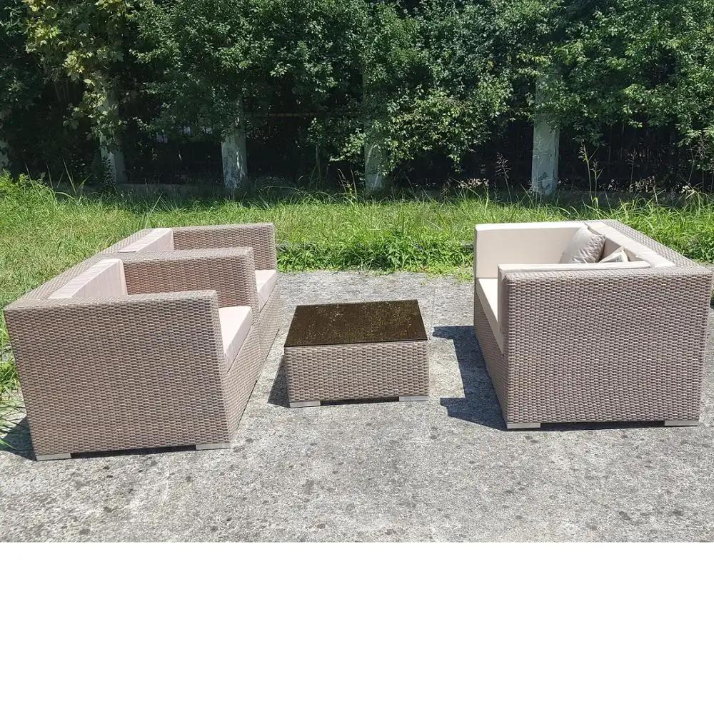 Outdoor furniture террасу braided faux rattan sofa, 2 chairs and table set with cushions Cube Маркоротанг Outdoor furniture террасу braided faux rattan sofa, 2 chairs and table set with cushions Cube Маркоротанг