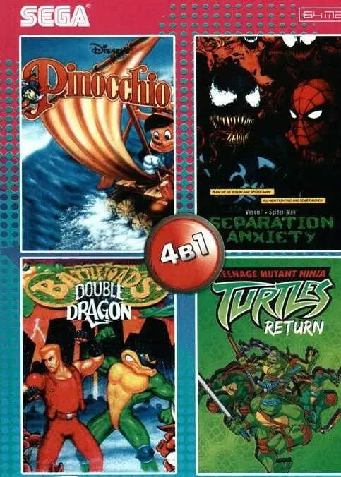 Картридж Сборник игр 4 в 1 AA-4404 PINOCIO/BATTLE TOADS and DOUBBLE DRAGON / NINJA TURTLE RETURN (16 bit) для Сеги |