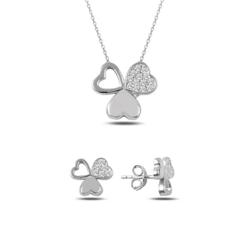 

Kutaydan Zircon Stone Heart Clover Set 925 Sterling Silver Made in Turkey