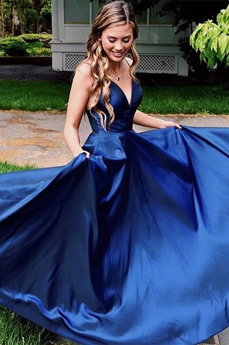 Royal Blue A-Line Глубокий v-образным вырезом черное платье для выпускного вечера с разрезом без спинки вечерние платья длиной до пола черные атласные вечерние платья для выпускного вечера - Цвет: Royal Blue