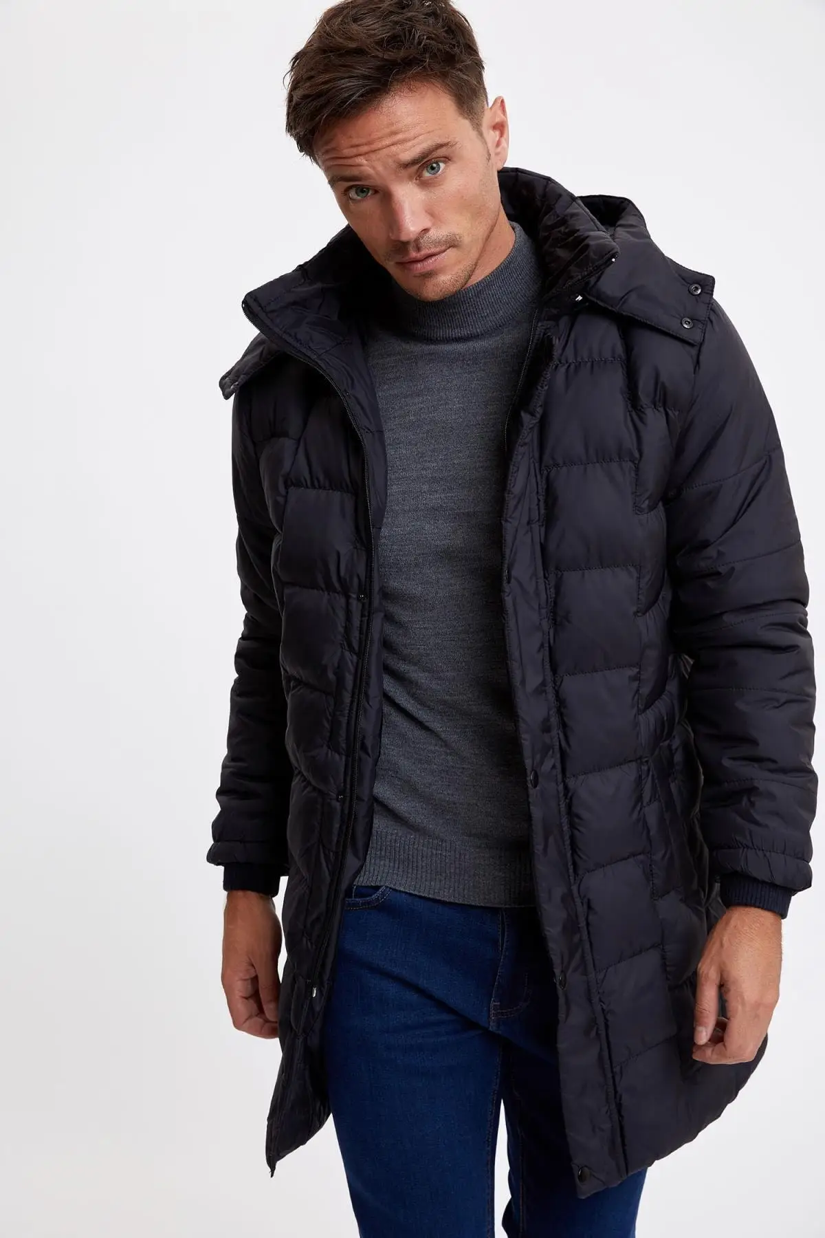 Men'S Navy Hooded Quilted Coat S4901Az20Cw Xs S M L Size Full Enclosure Male Coat Coat