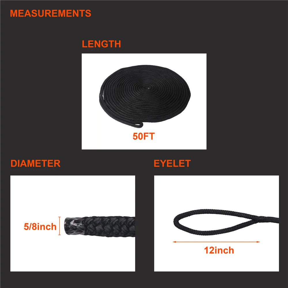 50 Feet Double Braid Dock ropes for boats 5/8 inch 16 strands Nylon Dock Lines Mooring Rope Anchoring Docking Rope holder