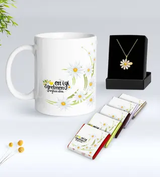 

Personalized Daisy Themed Best Teacher White Mug Chocolate and Is Daisy Necklace Gift Seti-1