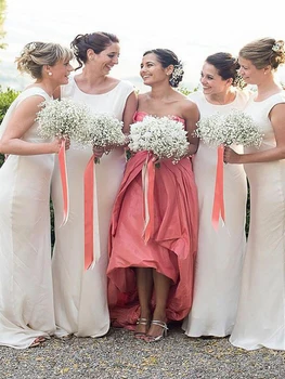 

Affordable Ivory A Line Chiffon Maid of Honor Gowns Long Jewel Neck Sleeveless Bridesmaid Dress Cheap Cowl Back