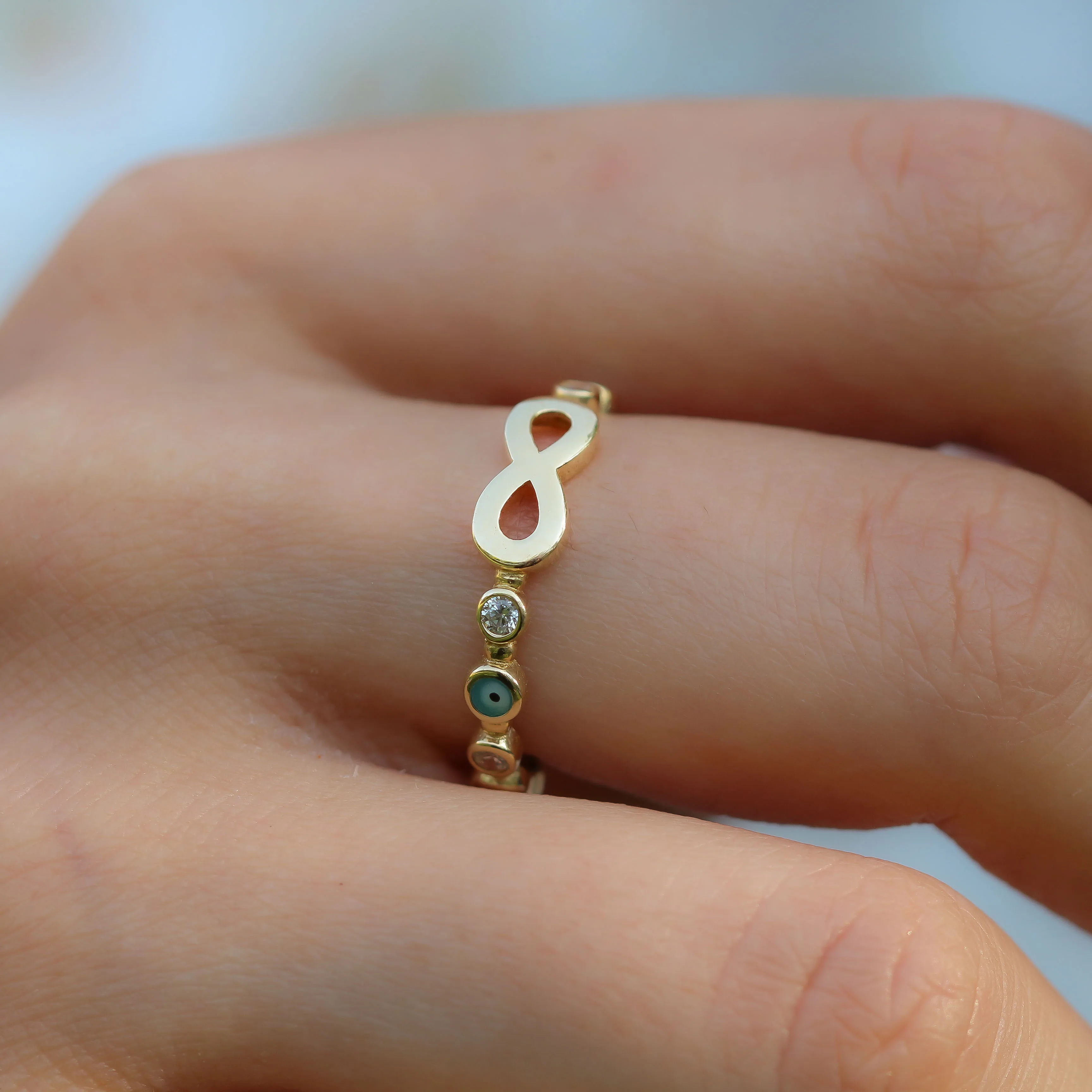 

Real 14K Gold Rings for Women White Zircon Stone and Evil Eye Design Fine Luxury Jewelry Wedding Band Engagement Bridal New