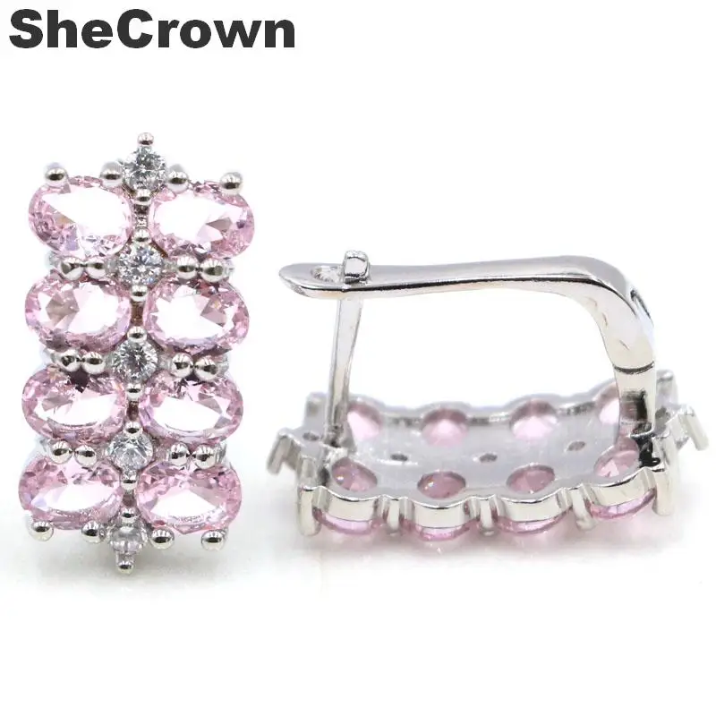 21x11mm Elegant Created Pink Kunzite White CZ Gift For Girls Silver Earrings