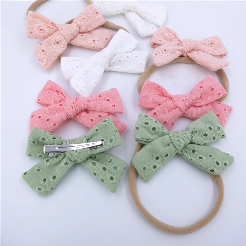 Embroidered Lace Bow Hair Clips Toddler Baby Girls Hair Bow Headbands Soft Thin Nylon Hairbands Eyelet Lace Bow Accessories