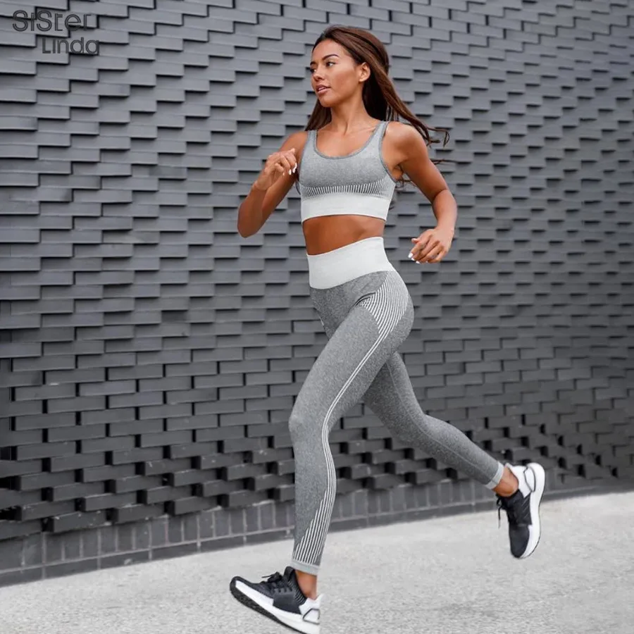 

Sisterlinda Fashion Crop Tops Sweatpants Two Piece Female Set Stripe Fitness Tracksuit For Women Sportsuit Mujer Workout 2020