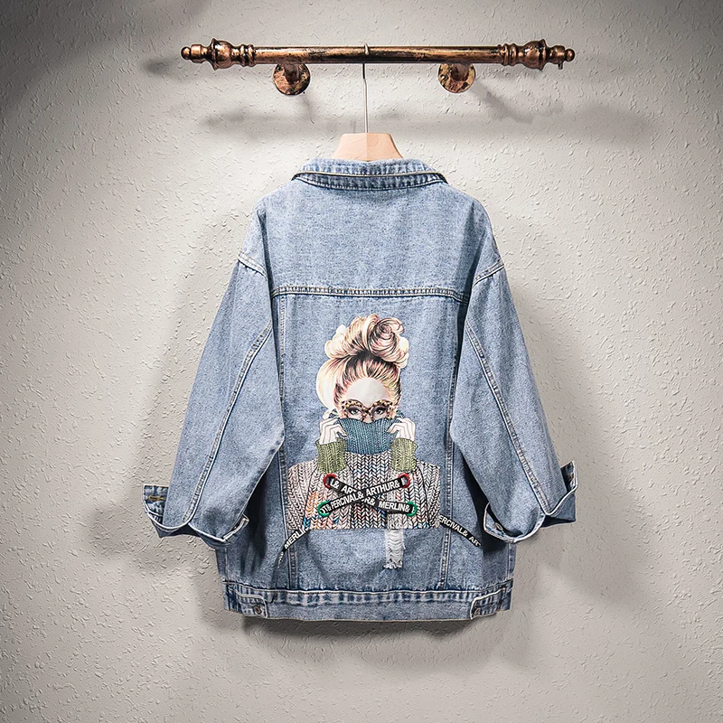 Women Denim Jacket Fashion Streetwear Letter Stylish 2021 Chic  Printed Ripped Holes Jean Patchwork BF Style Jeans Female Coat