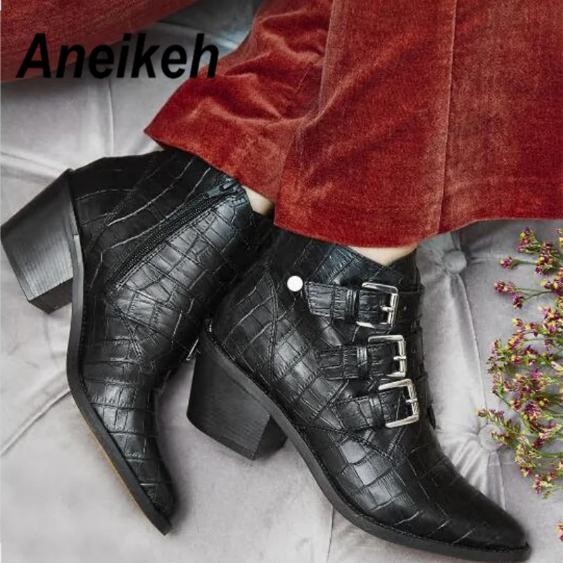 

Aneikeh 2020 Fashion New Metal Buckle Chelsea Boots Pointed Toe Zip Shoes Woman Boots Square Heel Heel Ladies Party Shoes 35-40