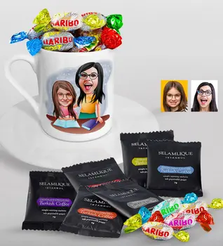 

Personalized Mother Girl Caricature Of Turkish Coffee Cup Selamlique Mixed Turkish Coffee house And Haribo Candy Gift Seti-1