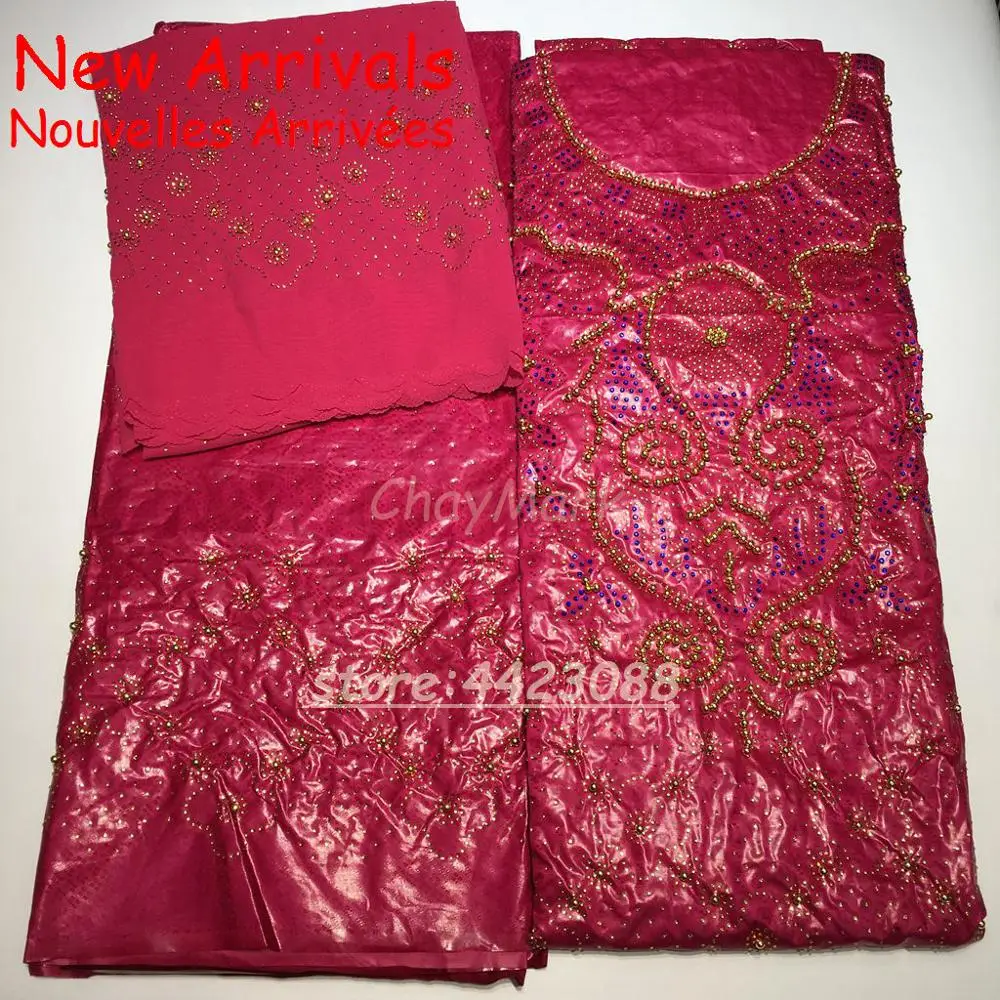 Fushia Новое поступление, морская Базен, парча, богаче, Getzner, камни, бусины, морская раковина, одежда, кружевные материалы, 3+ 2+ 2 ярда в комплекте для платья - Цвет: Fushia