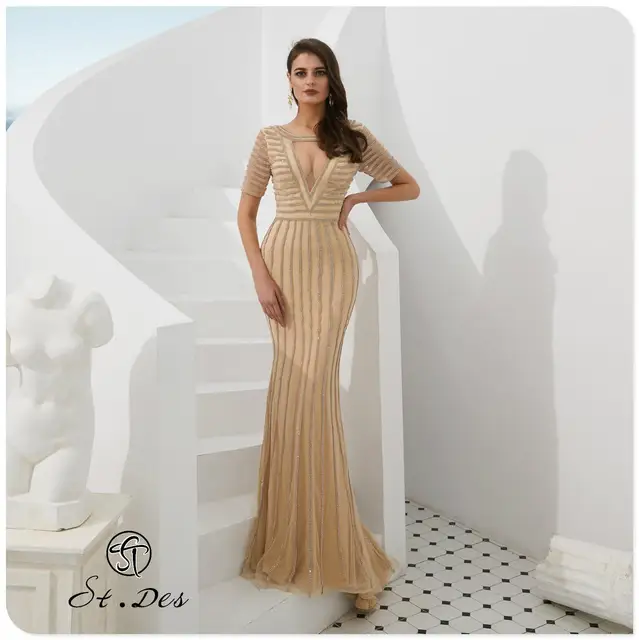 $ NEW 2020 St.Des Mermaid V-Neck Russian Black Wine Champagne Beading Mid-sleeve Designer Floor Length Evening Dress Party Dress