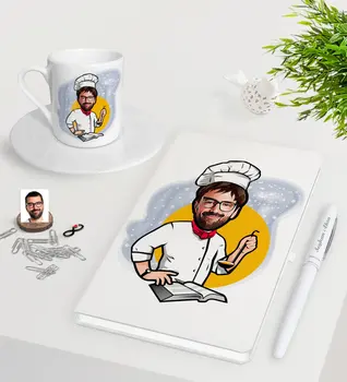 

Personalized Men 'S Chef Caricature Of White Notebook Pen Turkish Coffee Cup Seti-12
