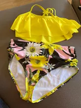 Bañador de 5 a 14 años para niña, traje de baño para niña con estampado de hojas, Bikini de chica adolescente, traje de baño con Top de cuello Halter para niña Falbala