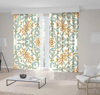 

Curtain Floral Pattern Ornate Vintage Design in Victorian Style Gold and Blue Classic Artwork Printed