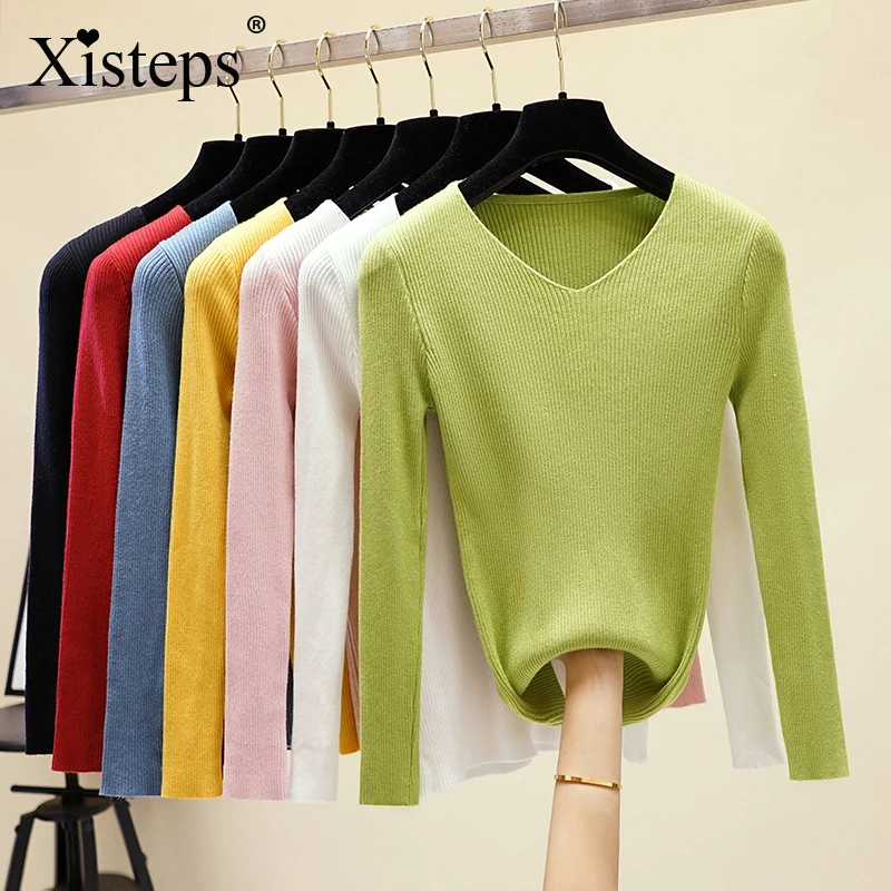 

Xisteps Elegant V Neck Knitted Solid Sweater Autumn Winter White Pullover Women Tops Slim Black Jumper Casual Pull Femme 2020