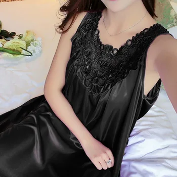 

Women's Sexy Nightdress Lace Silk Satin Nightgown Sleeveless Sling Nightwear Home Dress Mid Skirt With Fat And Large Size