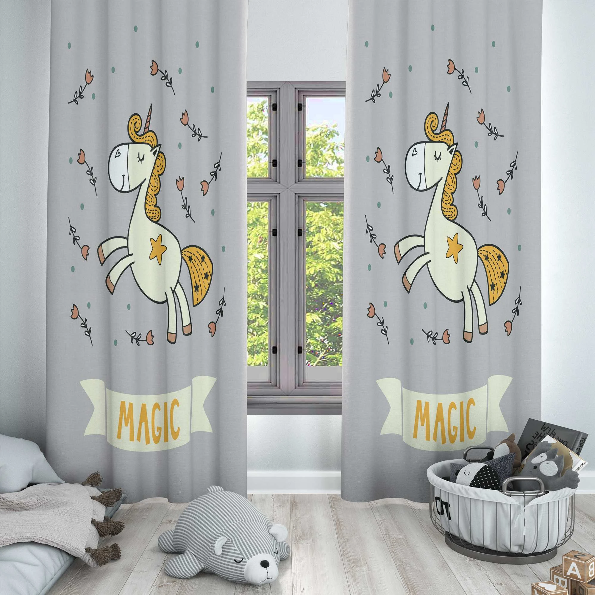 Else conjunto de paneles de ventana para niños y bebés, juego de cortina con estampado 3d nórdico, unicornio mágico, caballos, gris y funda almohada de regalo combinado|Cortinas| - AliExpress